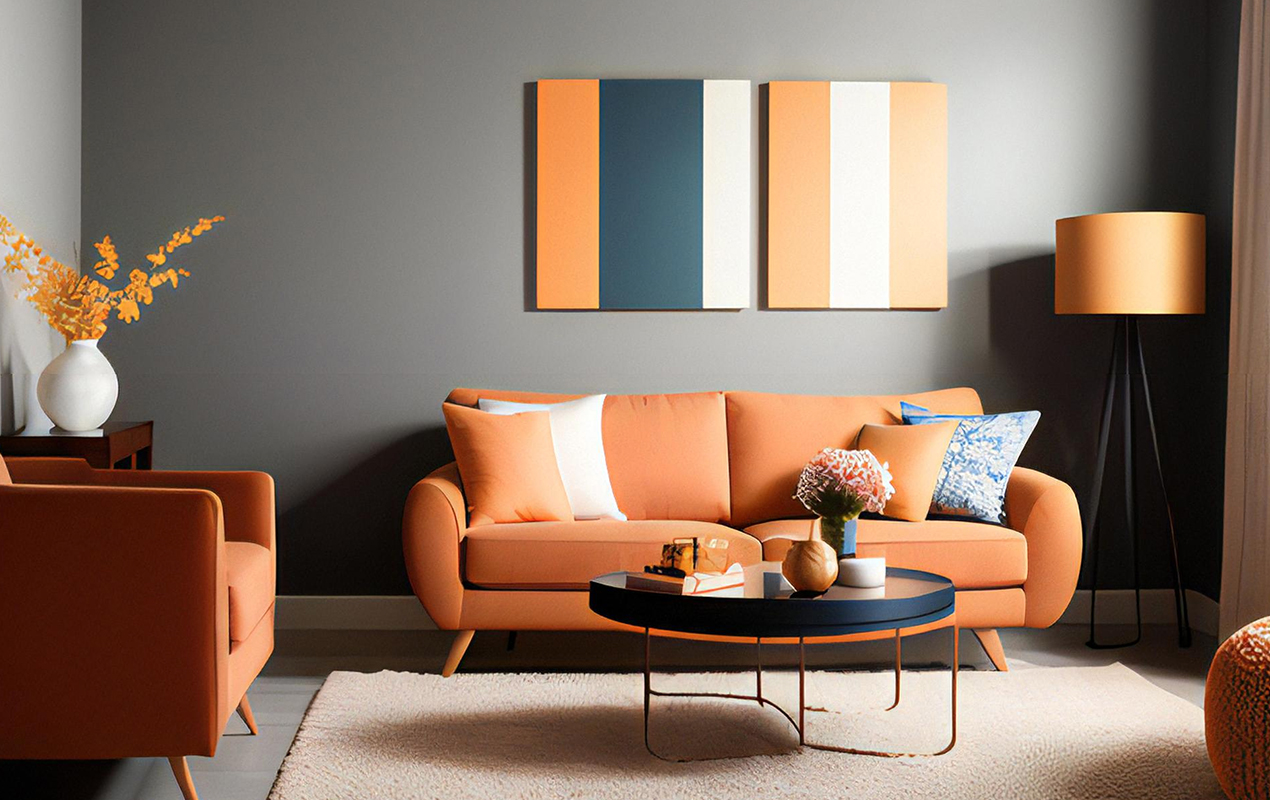 Contemporary Charisma: Exploring the Bold Interplay of Blue, Orange, and Neutrals in Home Decor
