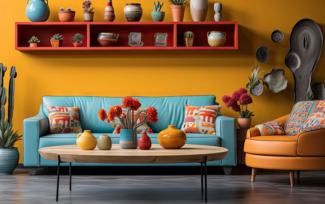Contrasting Elements: The Bold Appeal of Metal, Wood, and Vibrant Colors in Your Living Room