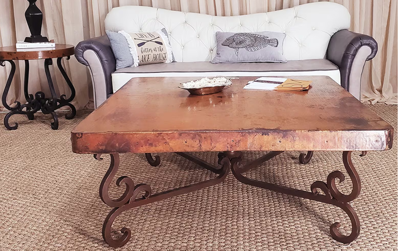 Crafted Poise: The Timeless Appeal of a Square Wrought Iron Coffee Table with Hammered Copper Top