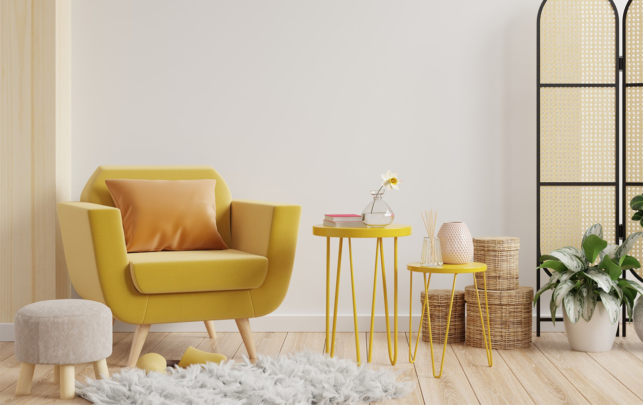 Design Harmony: Nesting Coffee Tables and a Vibrant Yellow Armchair