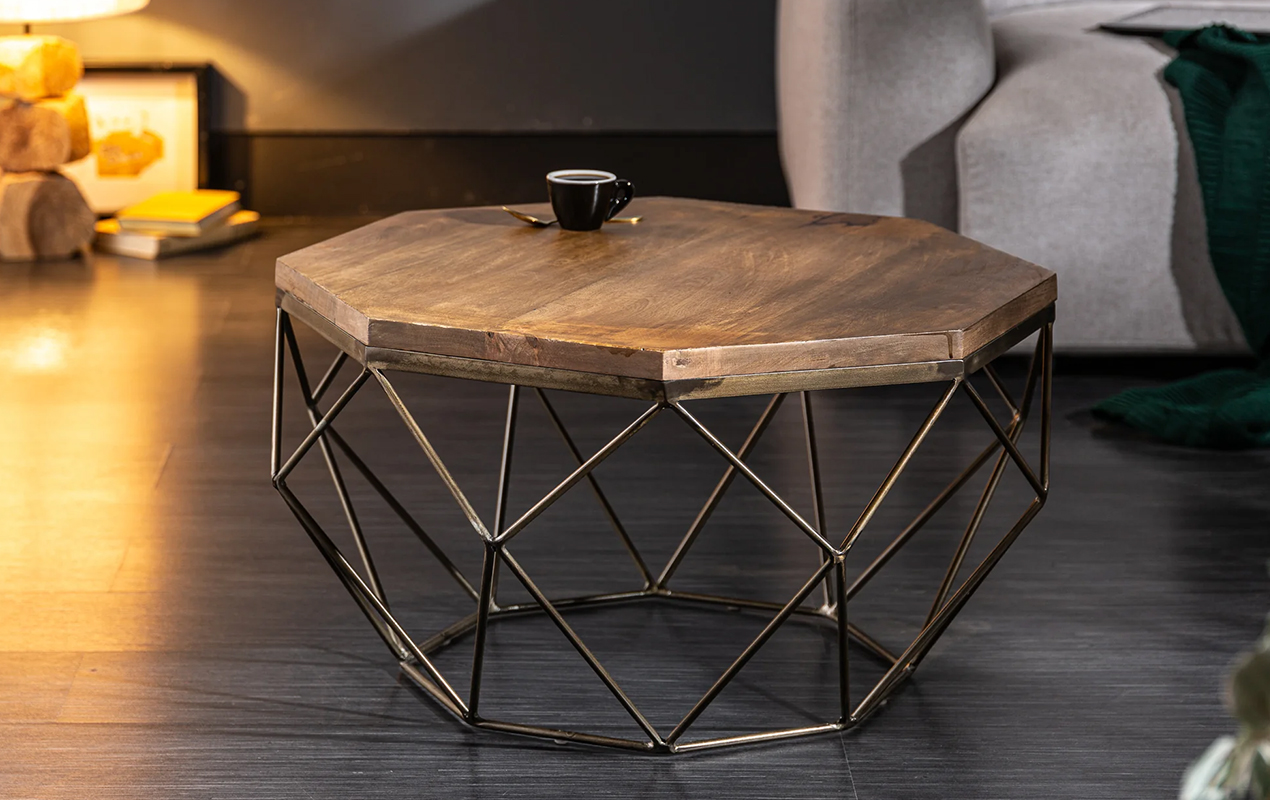 Diamond Brilliance: Natural Mango Wood and Brass Coffee Table - A Fusion of Modern Grace and Luxury