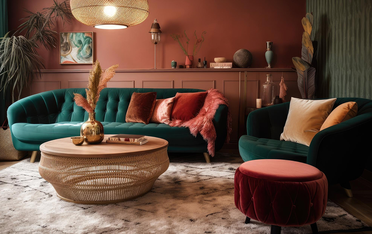 Eclectic Harmony Red and Rattan Coffee Tables, a Green Sofa, and an Invigorating Orange Wall in a Vibrant Ensemble