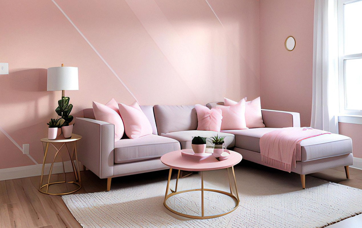 Finesse and Contrast: A Pink Marble Coffee Table, Lilac L-Shaped Sofa, and Luxurious Rug in a Stylish Living Space