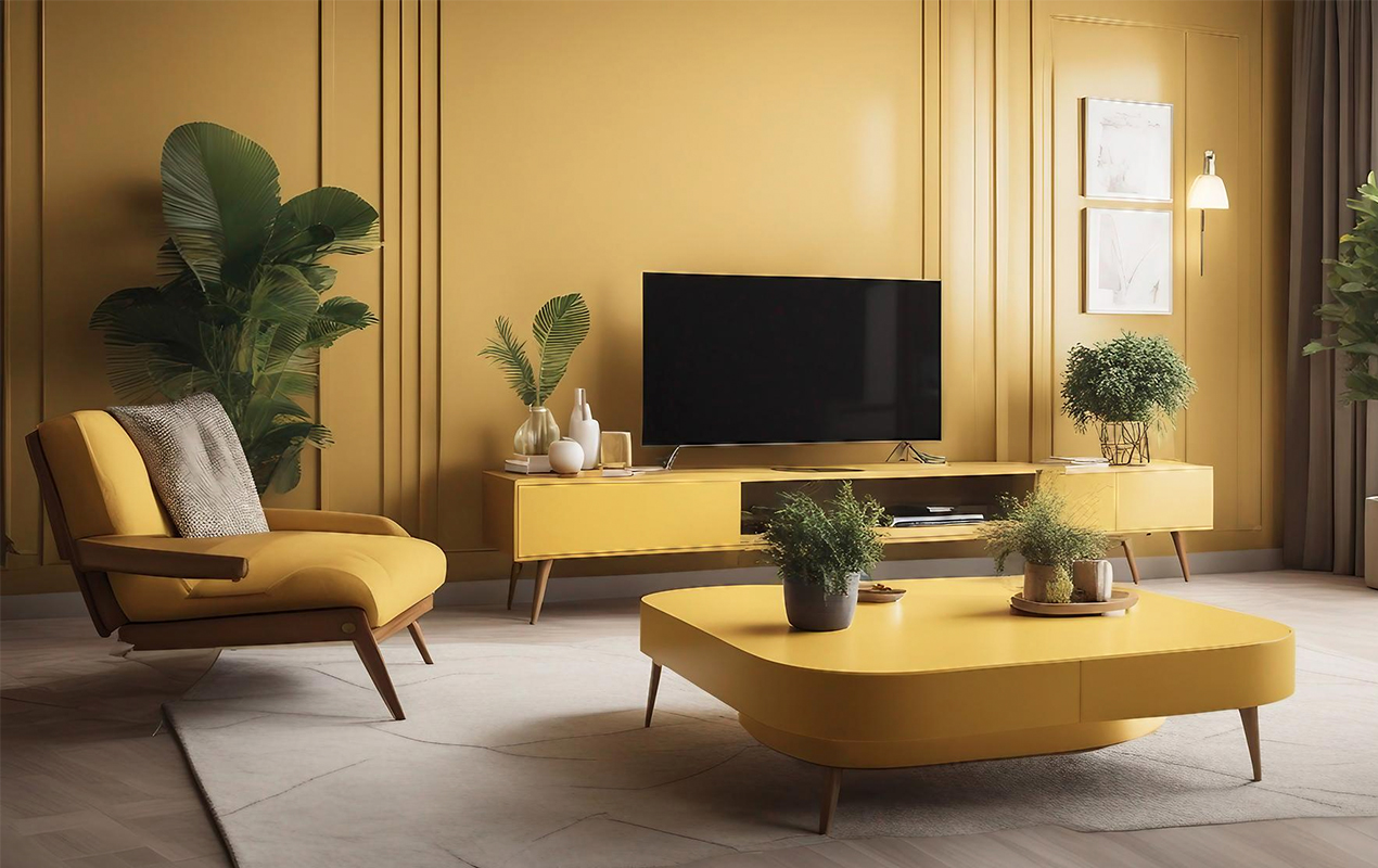 Finesse in Harmony: A Vibrant Yellow Coffee Table and Tranquil Decor