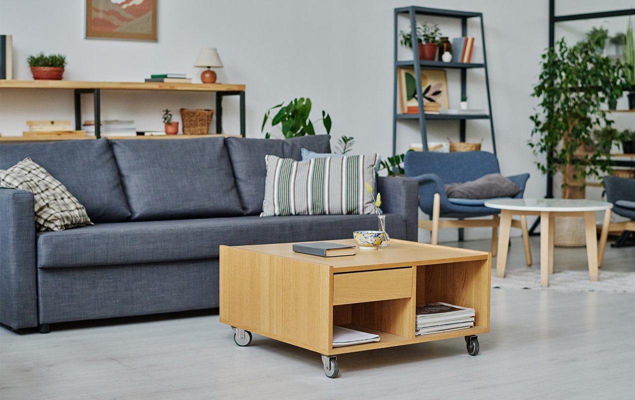 Functional Dignity: A Wooden Coffee Tables with Wheels in a Serene Living Space