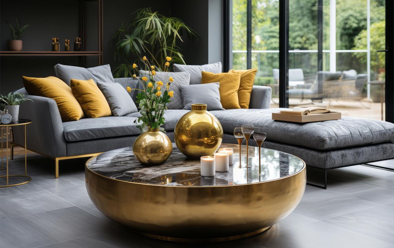 Gilded Opulence: The Black Granite Coffee Table with a Golden Touch