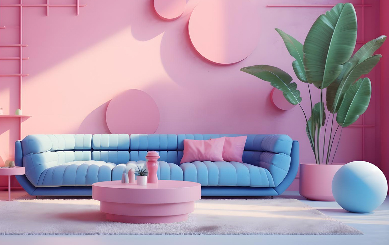 Harmonious Balance: Pink Wooden Coffee Table, Contrasting Blue Sofa, and Natural Greenery in a Cozy Living Room