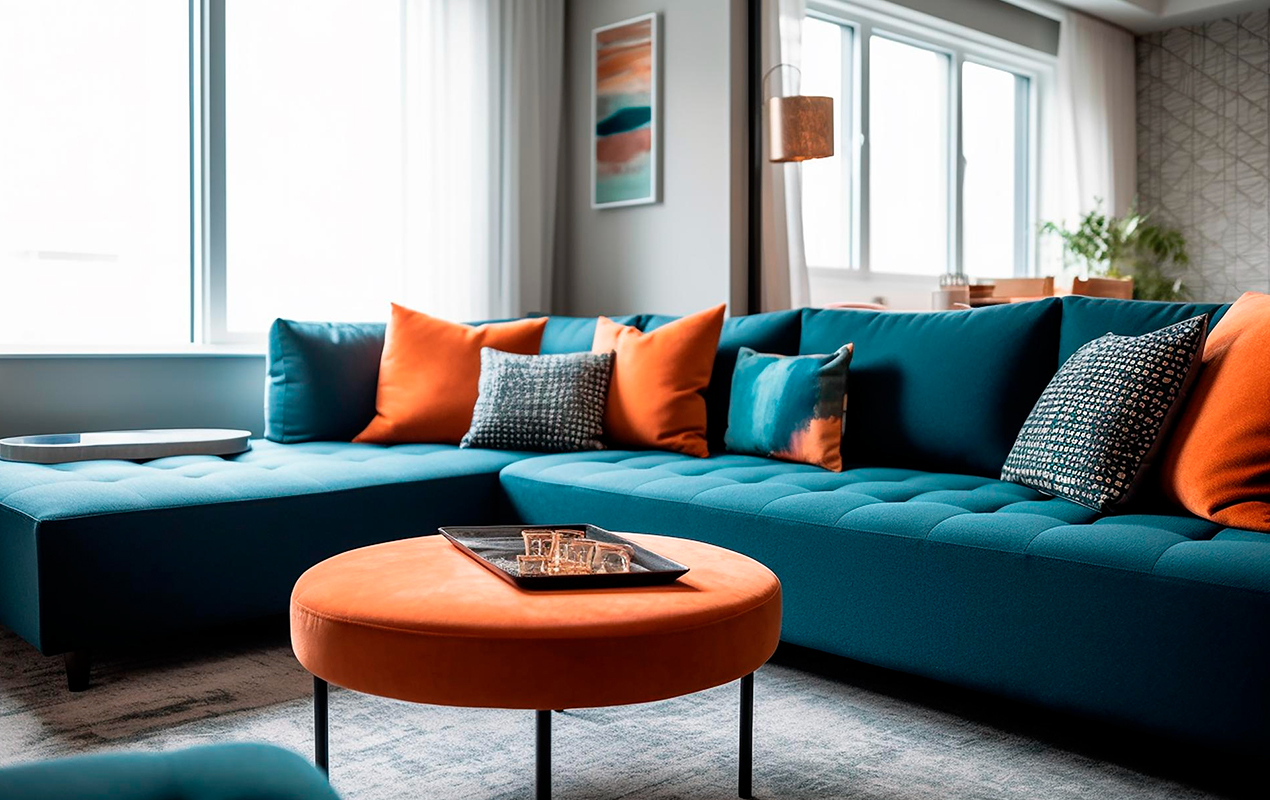 Harmonious Contrast: The Vibrant Orange Coffee Table and Serene Blue Sofas