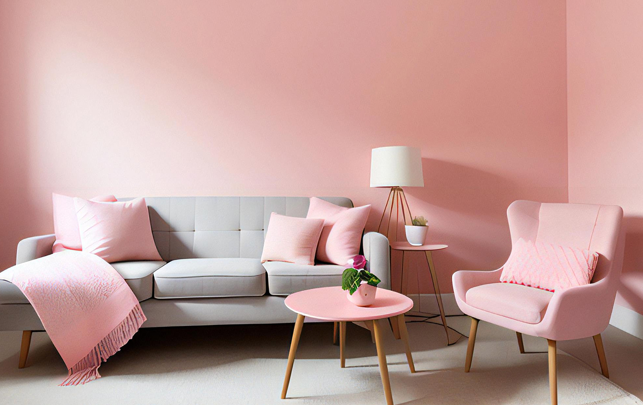 Harmonious Contrasts: A Pink Coffee Table, Gray Sofa, and Cozy Armchair in a Balanced Living Room