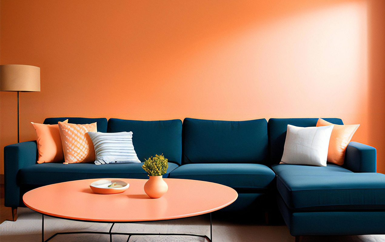 Harmonious Fusion: The Contrasting Allure of an Orange Coffee Table and Bold Blue Sofa