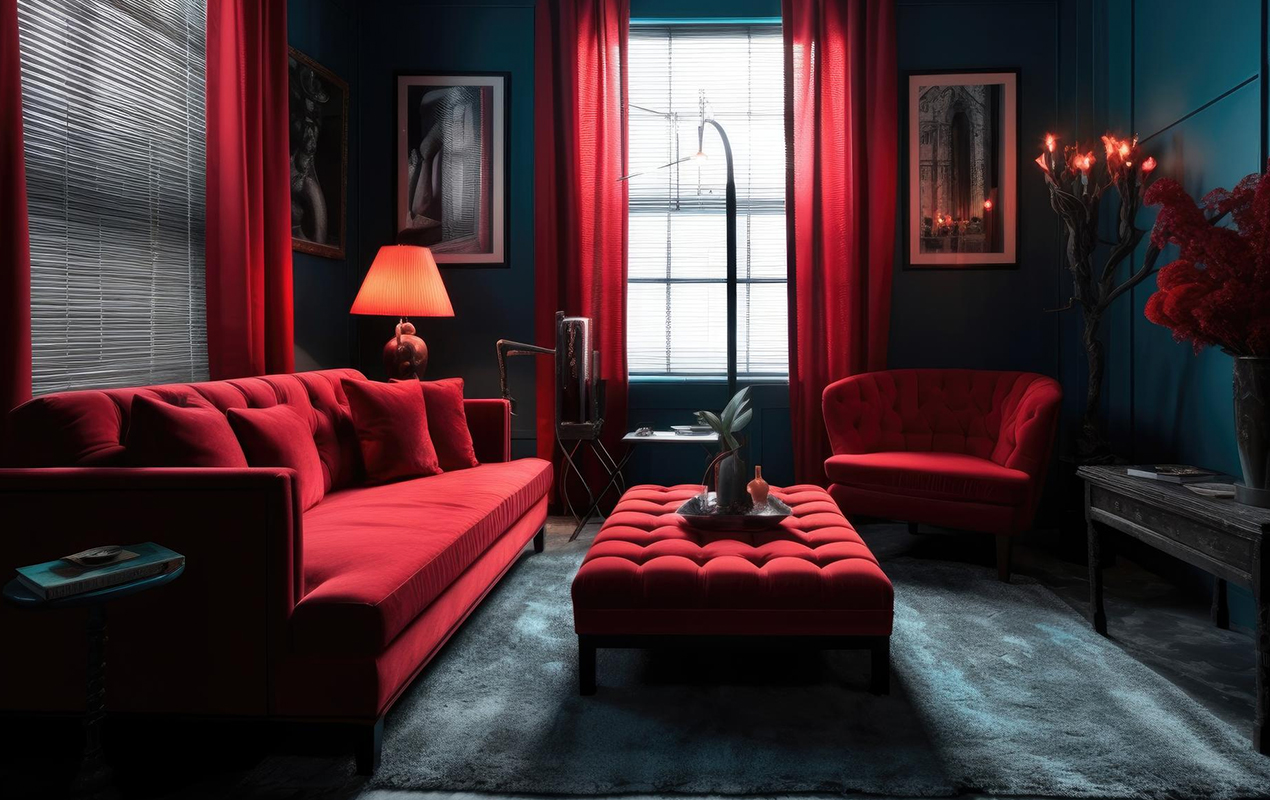 Harmony of Colors A Red Coffee Table, Blue Walls, and Resonating Decor in a Serene Setting