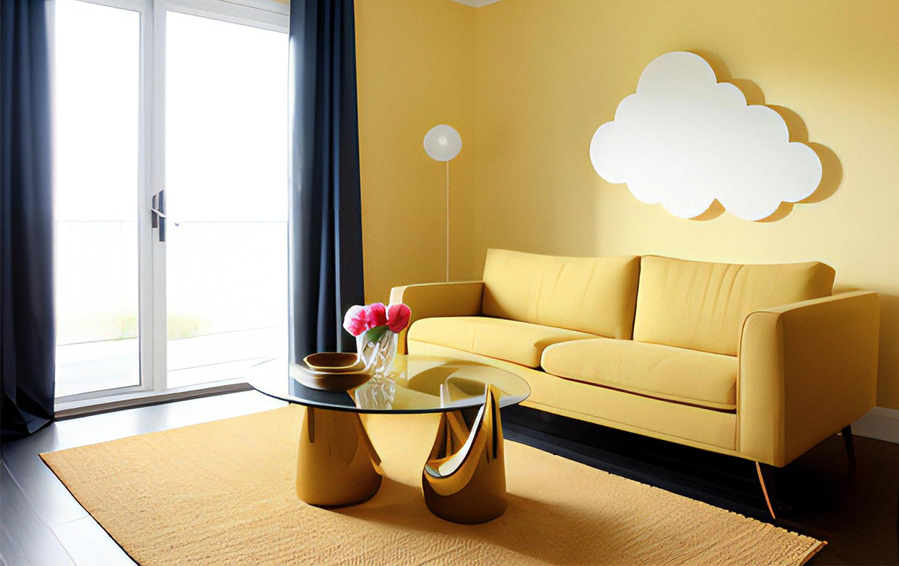 Modern Flair: The Unique Oval Coffee Table and Vibrant Yellow Sofa