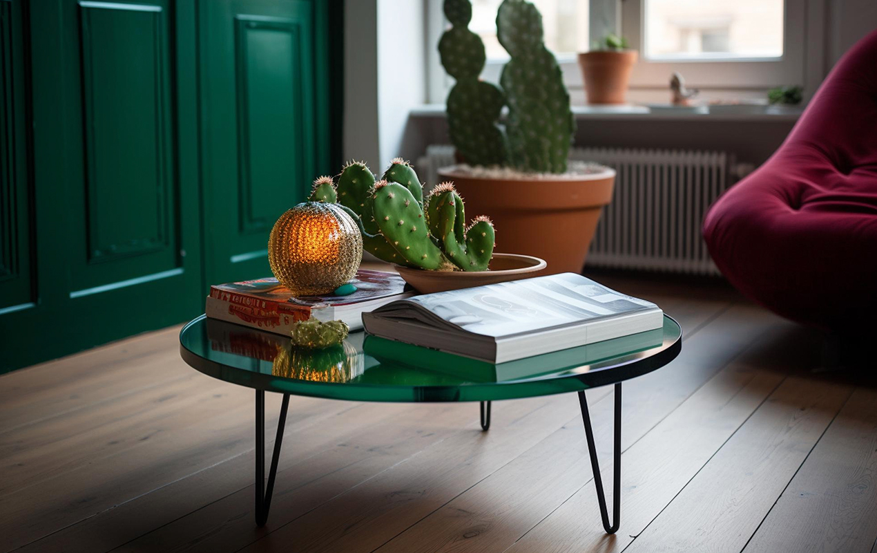 Modern Fusion: The Unique Green Glass Coffee Table and Eclectic Living Space