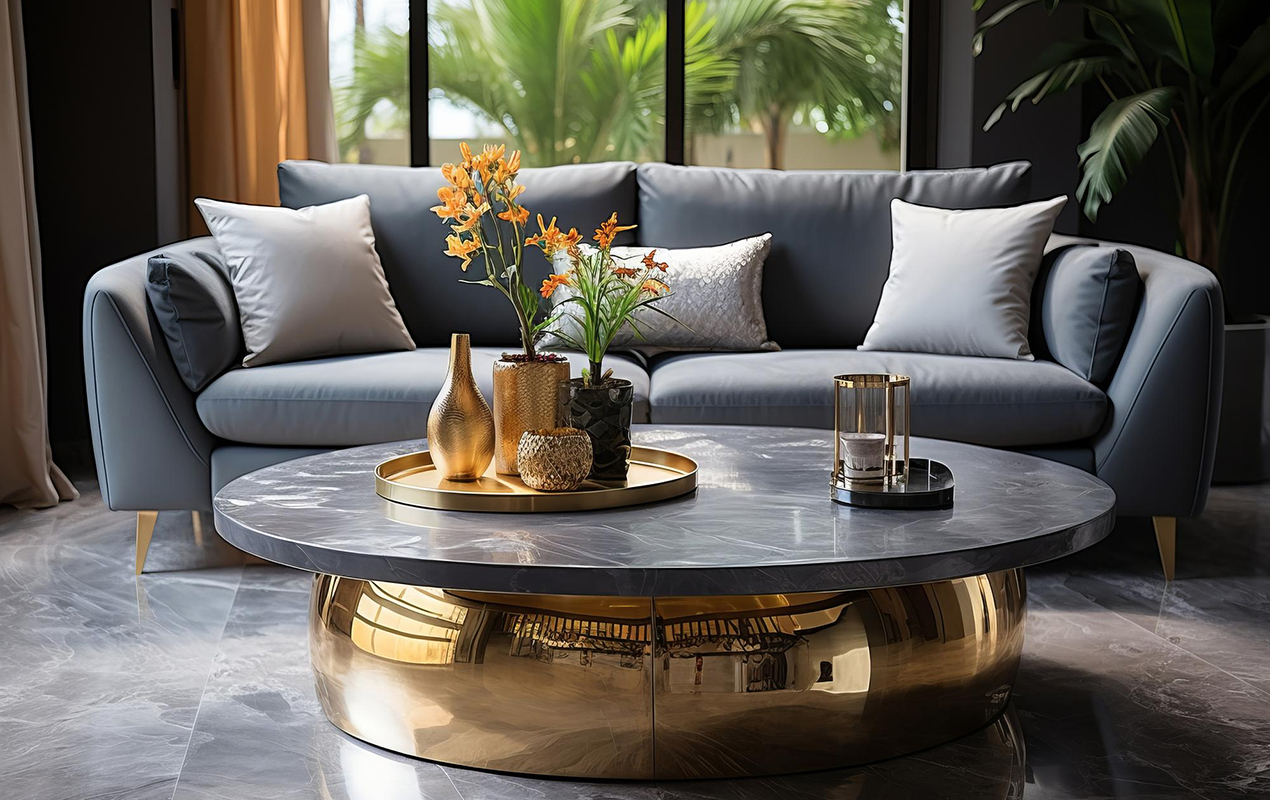 Opulent Contrasts: The Black Granite Coffee Table with a Golden Sphere Base