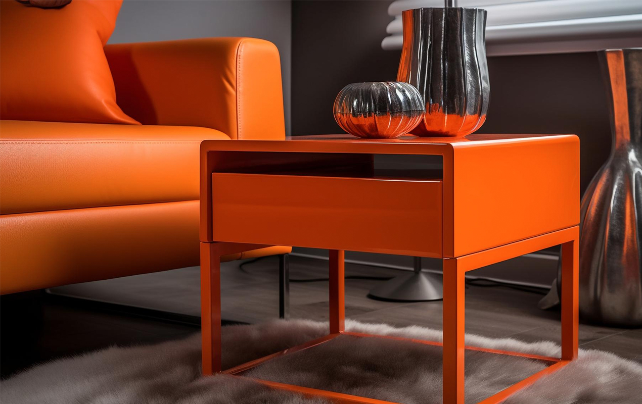 Orange Allure: A Vivid Living Room with a Dash of Silver Luxury