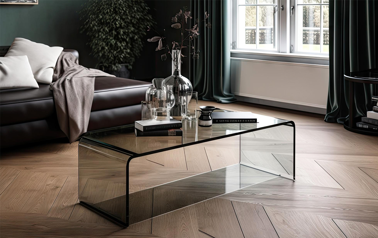 Practical Convenience: Glass Waterfall Table with Lower Shelf