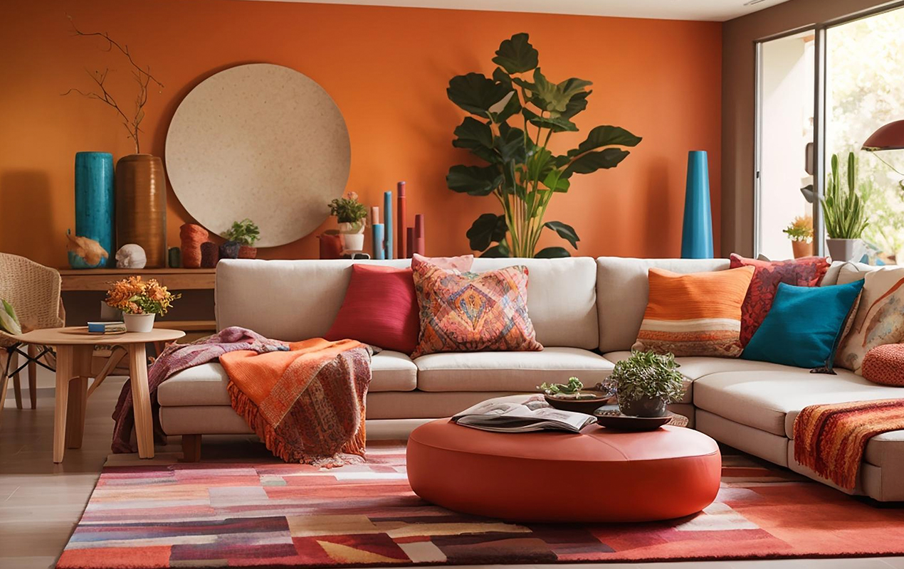 Radiant Harmony A Light Red Coffee Table, Multicolored Rug, and Vibrant Décor in a Cheerful Space