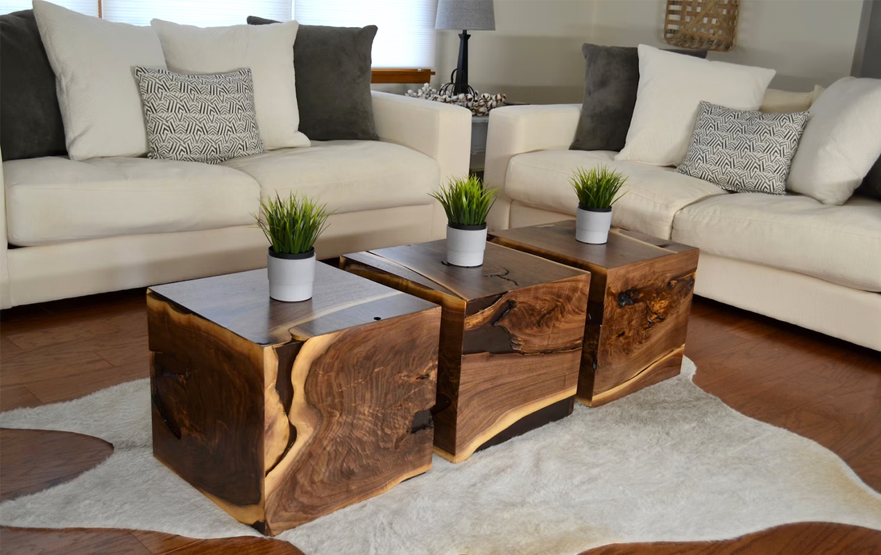 Rustic Poise: A Trio of Nested Wooden Coffee Tables Infused with Vintage Charm