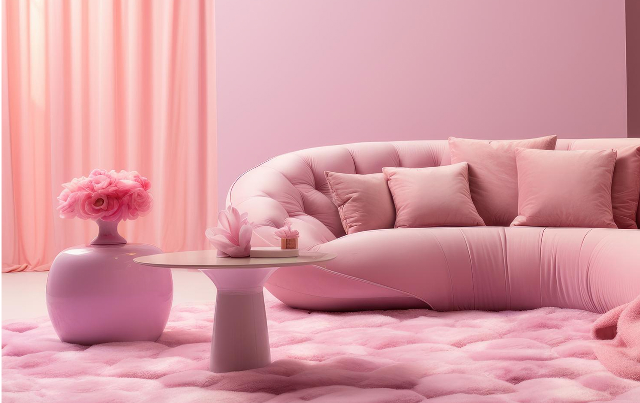 Serene Pink Haven: A Charming Coffee Table, Plush Carpet, and Cozy Sofa in a Harmonious Living Room