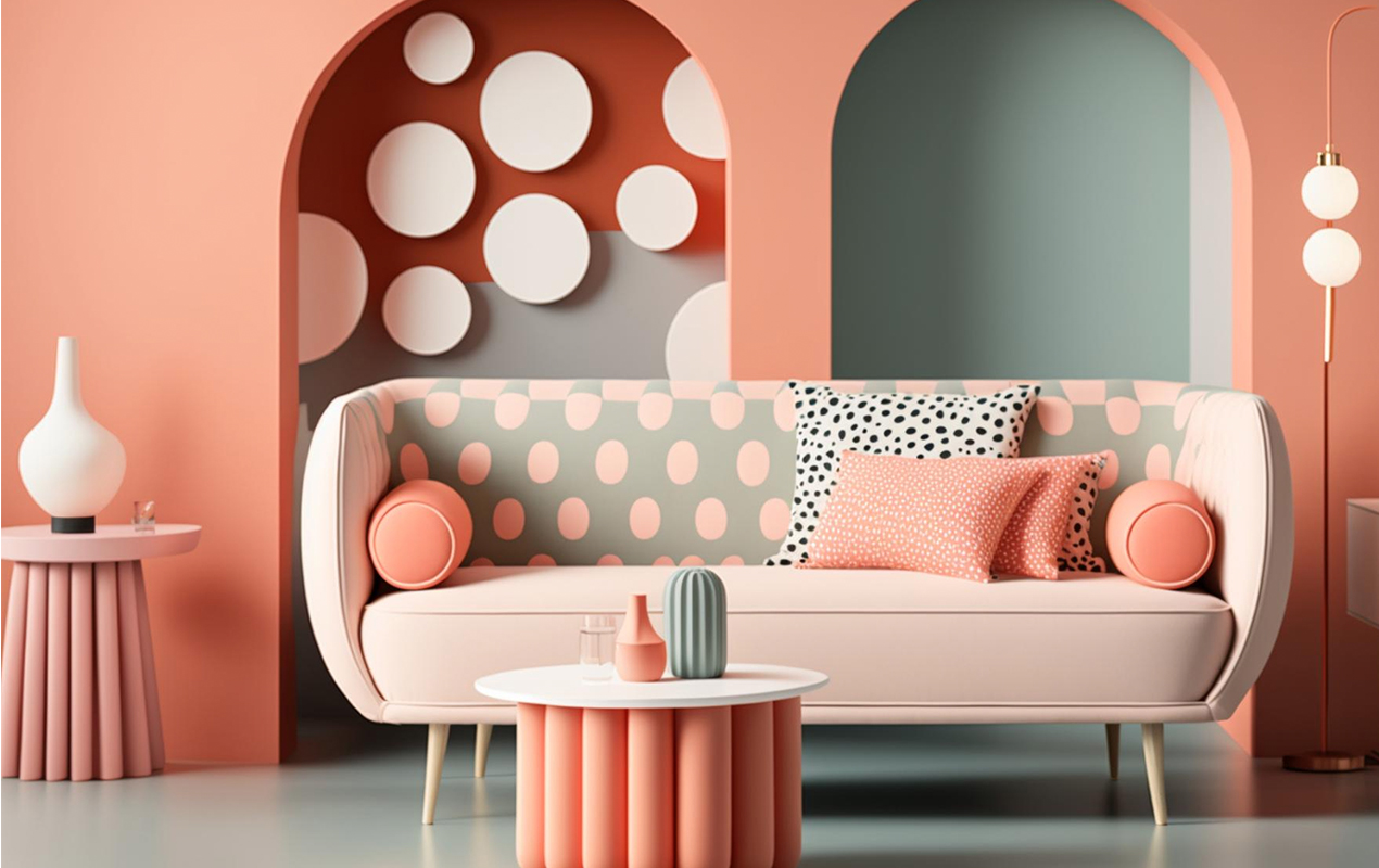 Style in Peach and Marble: A Luxurious Coffee Table, Cozy Sofa, and Artful Decor in a Modern Living Room
