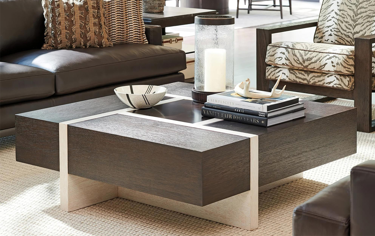 Symmetrical Beauty: The Modern Wood Coffee Tables and Understated Rug in a Contemporary Living Space