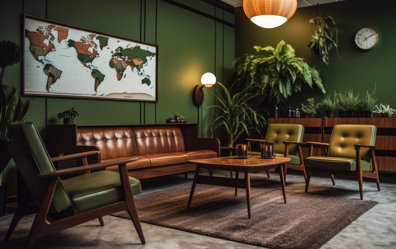 The Retro Wooden Coffee Table and Stylish Seating in a Vibrant Living Space