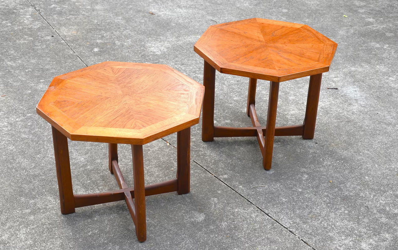 Timeless Finesse: Vintage Mid-Century Modern X Base Side Tables with Inlaid Octagonal Tops