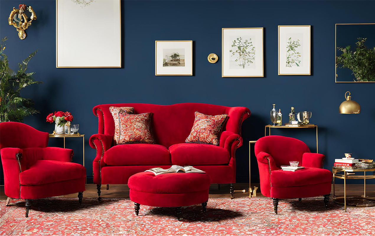 Velvet Sofa Sets, Artistic Wall Decor, and a Red-White Rug in a Cozy Living Room