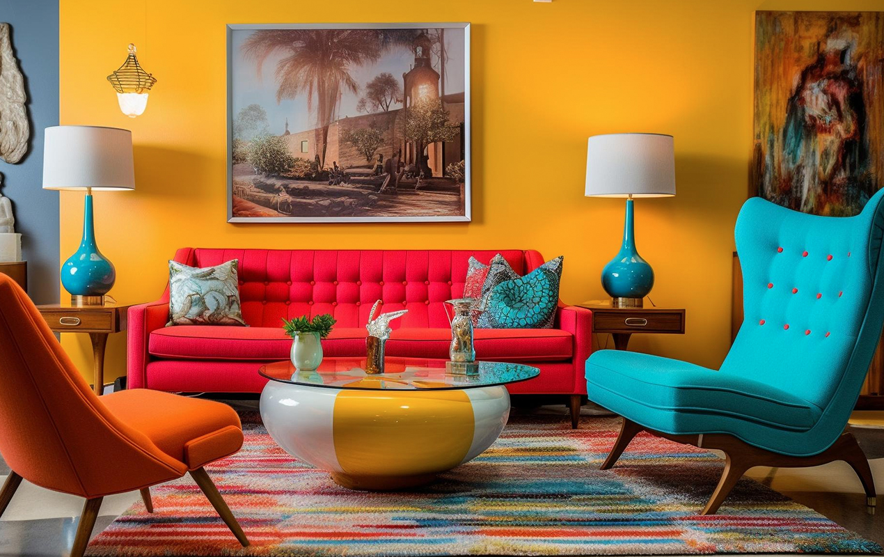 Vibrant Fusion: A Chic Living Room with a Modern Glass Coffee Table