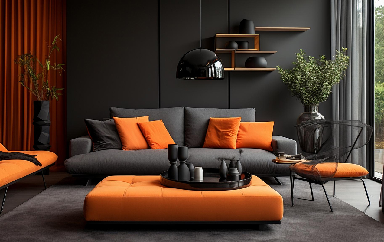 Vibrant Panache: The Playful Orange Coffee Table and Serene Gray Sofa