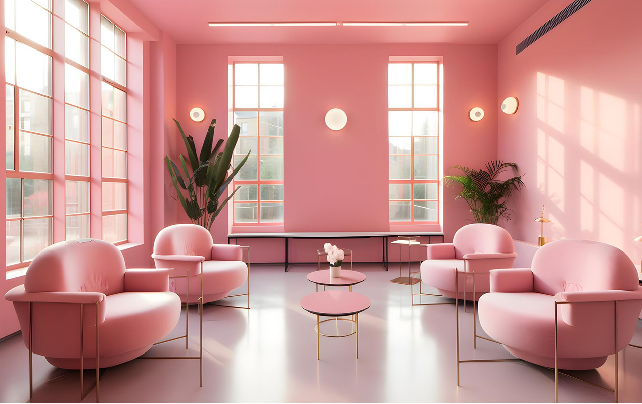 Vibrant Symmetry: Pink Nesting Tables, Armchairs, and Sunlit Discernment in a Sophisticated Living Room
