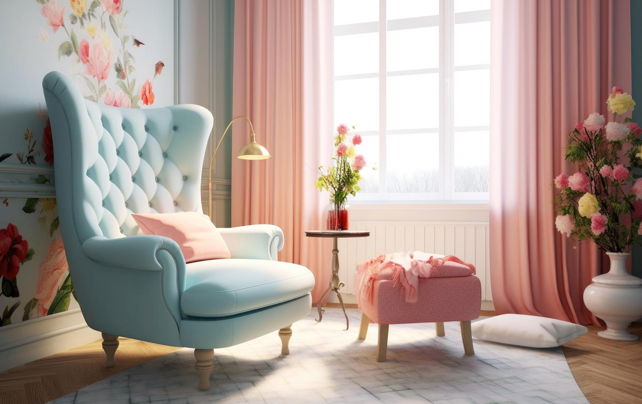 Vibrant Tranquility: A Pink Coffee Table, Sky Blue Armchair, and Sunlit Oasis in a Cozy Living Room