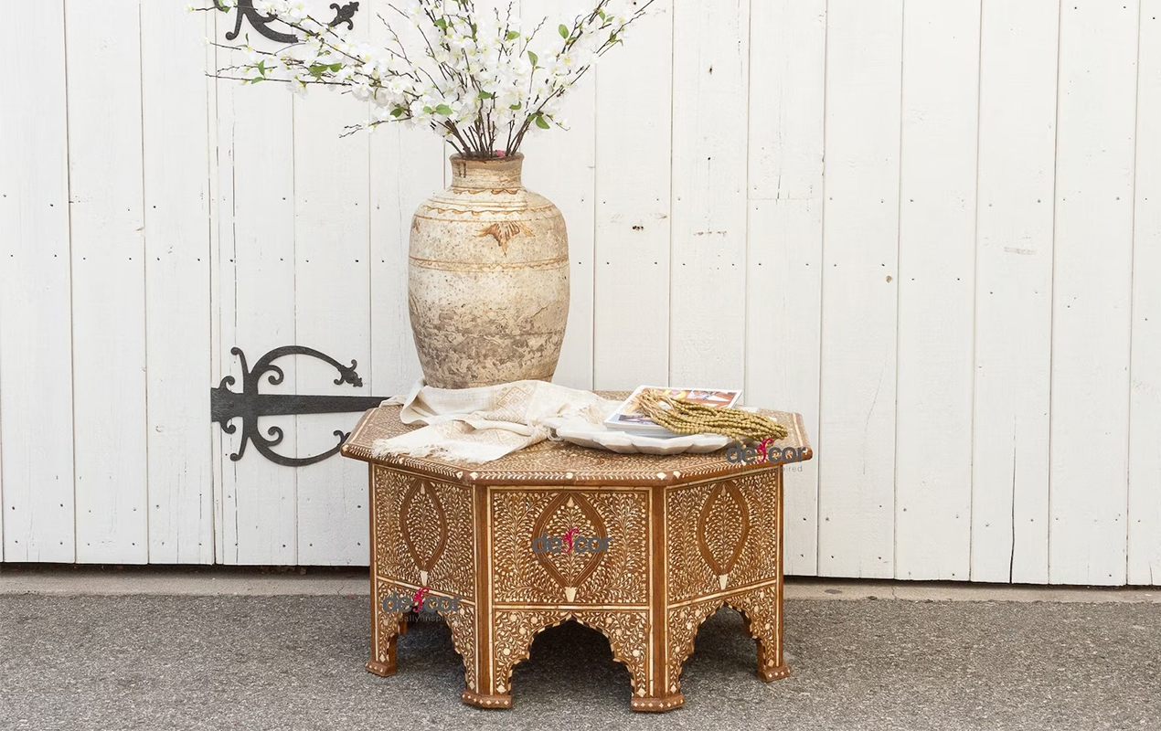 Vintage Indian Teak Wood Octagonal Coffee Table with Intricate Inlay Work and Moorish Arch Legs