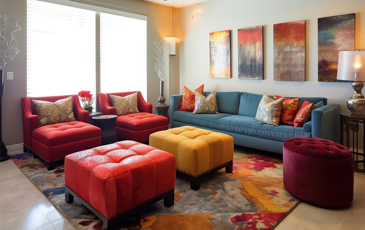 Vivid Conversations Nesting Coffee Tables, Multicolor Rug, and Contrasting Sofas in a Dynamic Setting