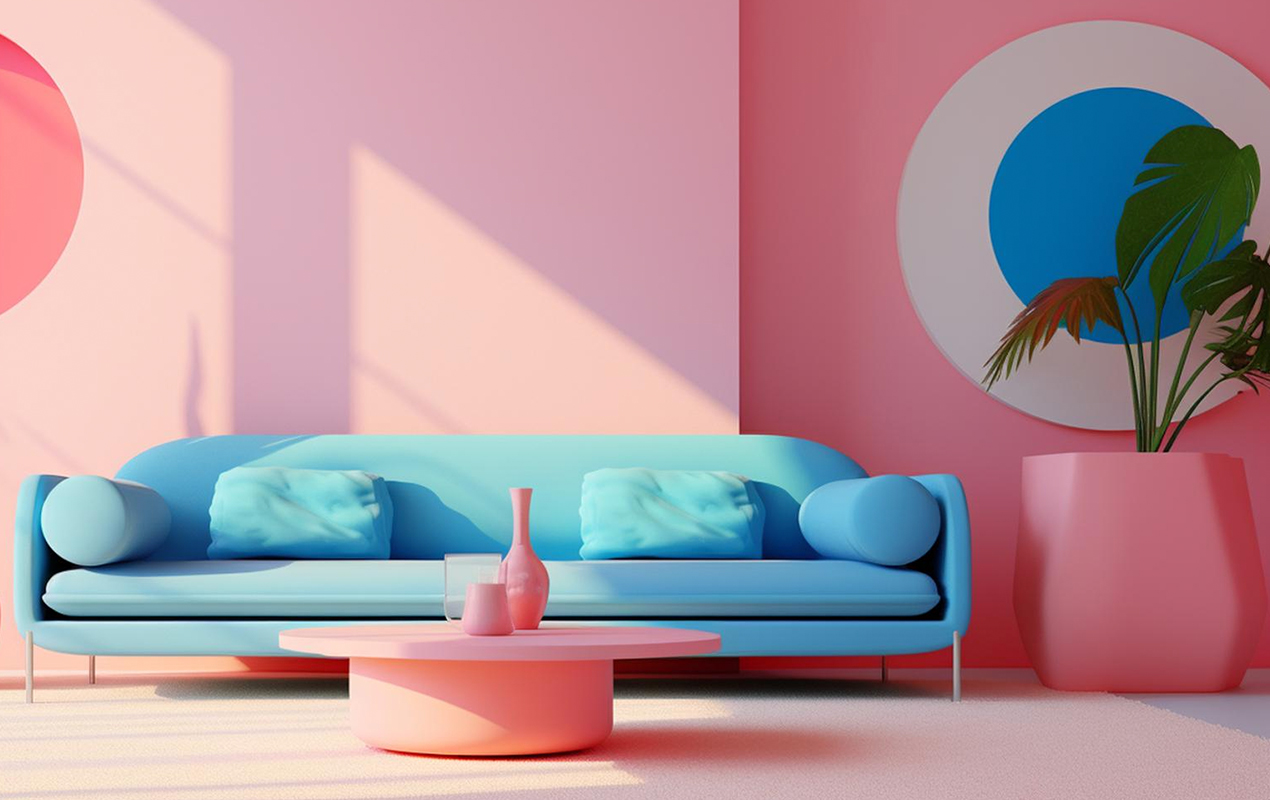 Whimsical Sophistication: Pink and Blue Sofa, and Natural Accents in a Vibrant Living Room
