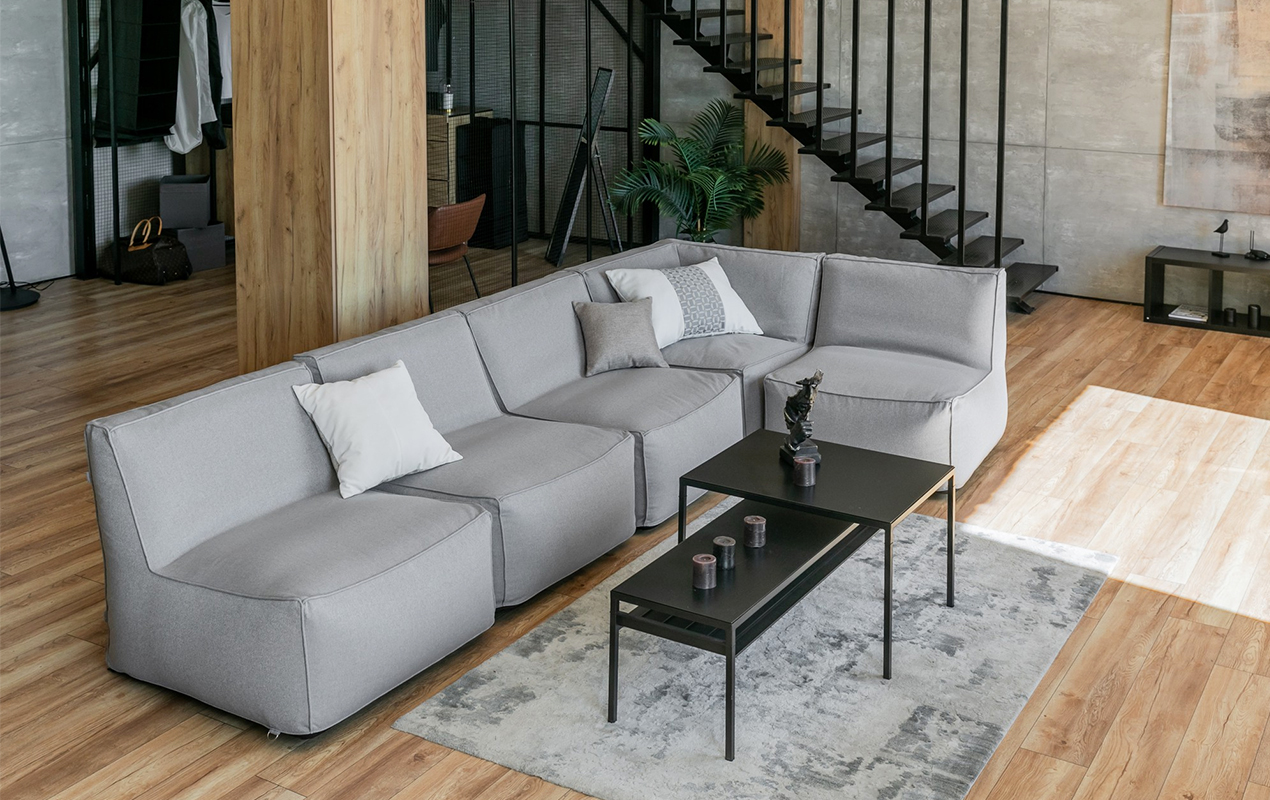 Living room with gray accents and black table