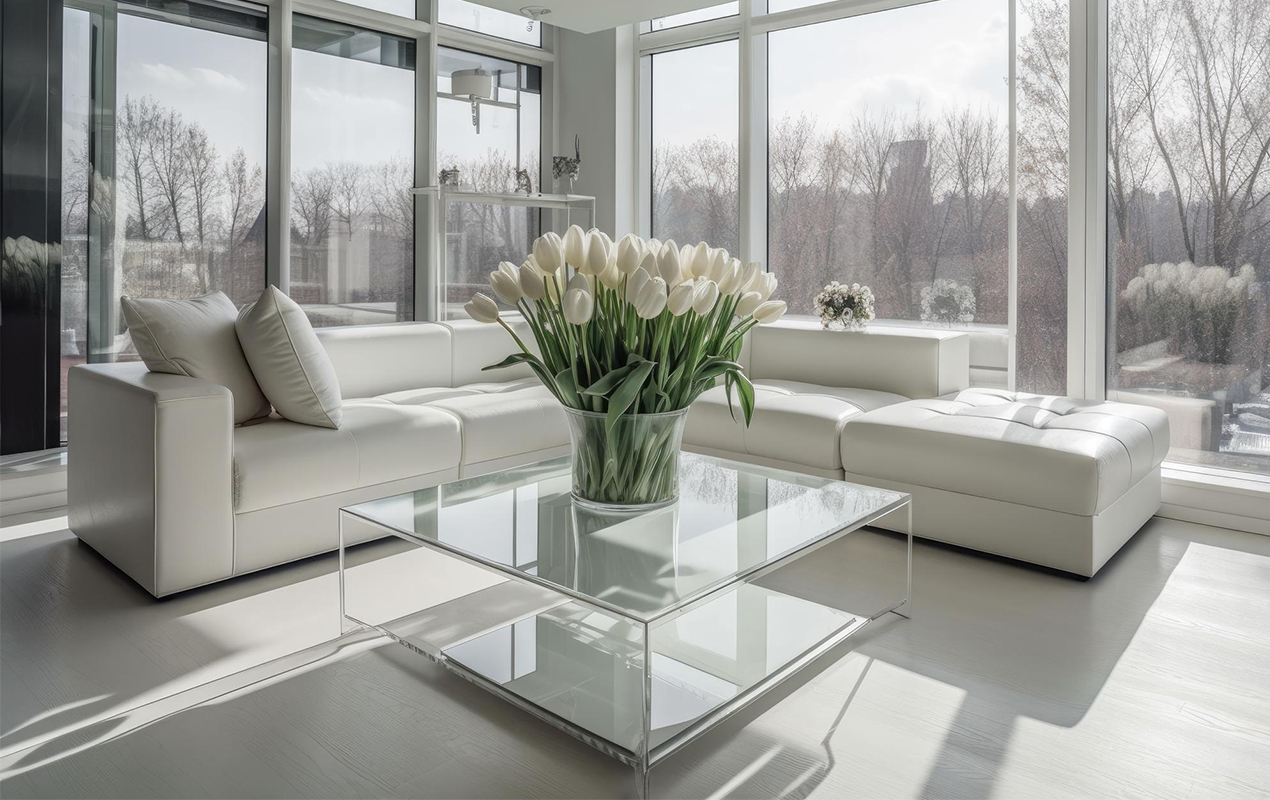 Modern living room with glass coffee table and flowers