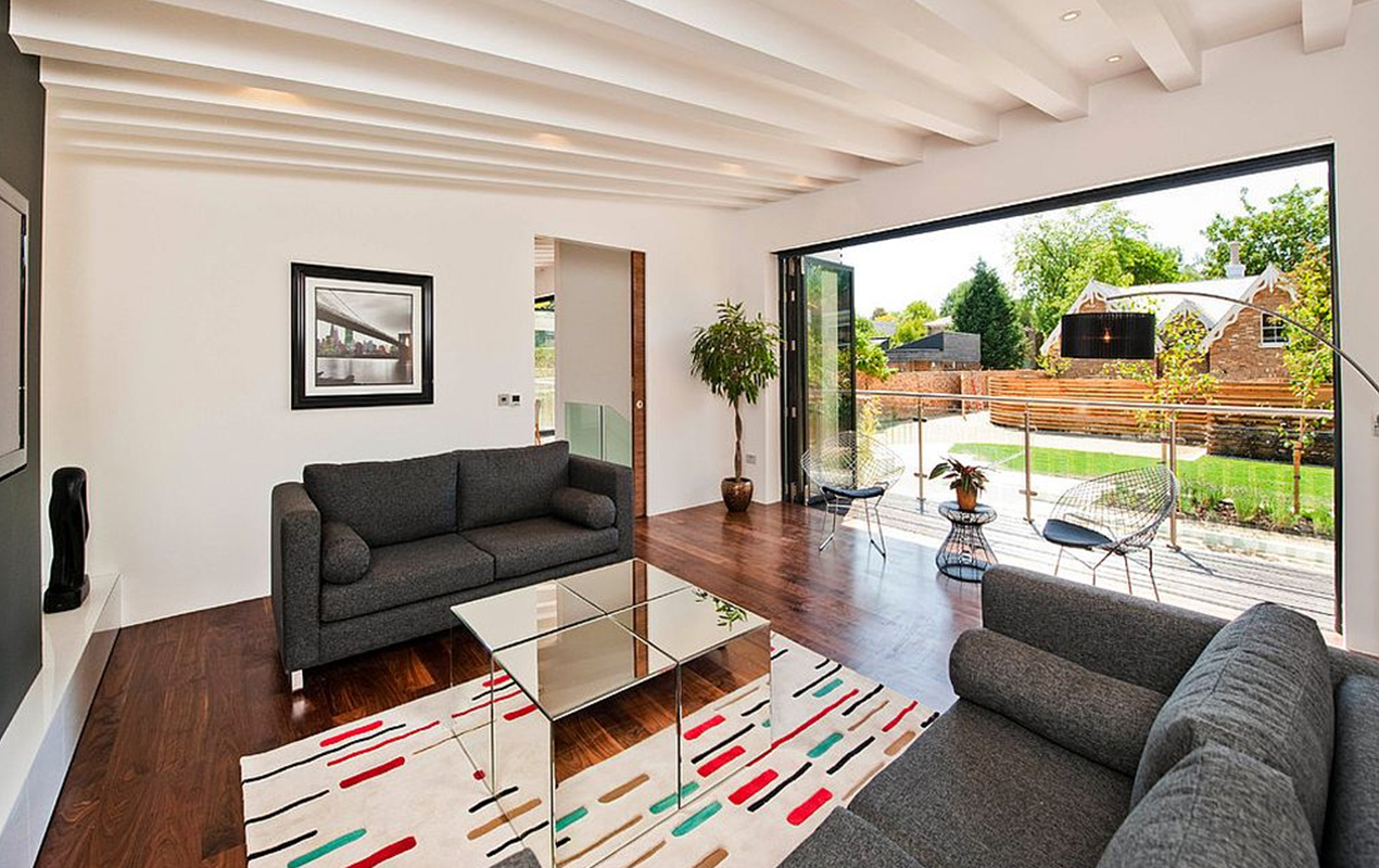 Open plan living room with cube coffee table