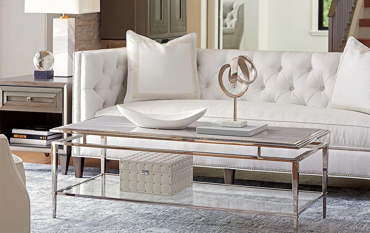 White living room interior with mirror coffee table