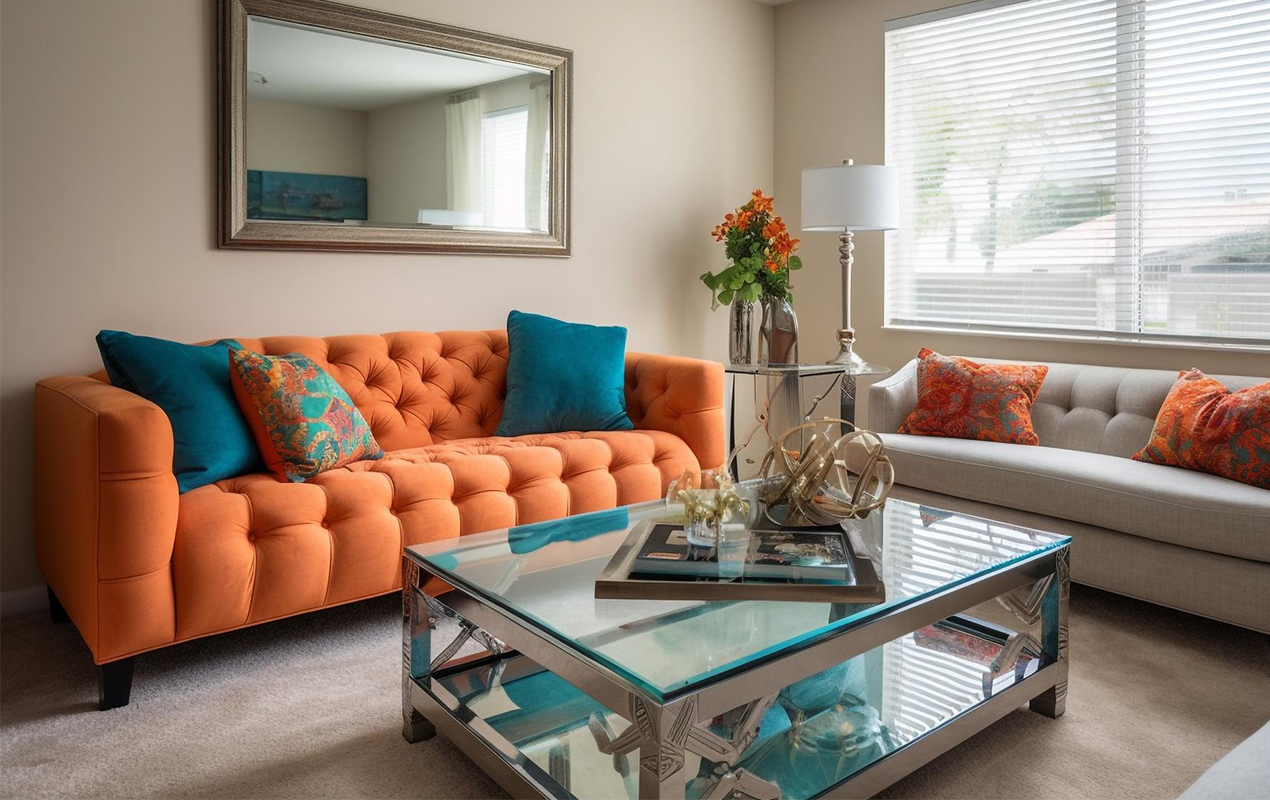 Coastal living room with vibrant furiture