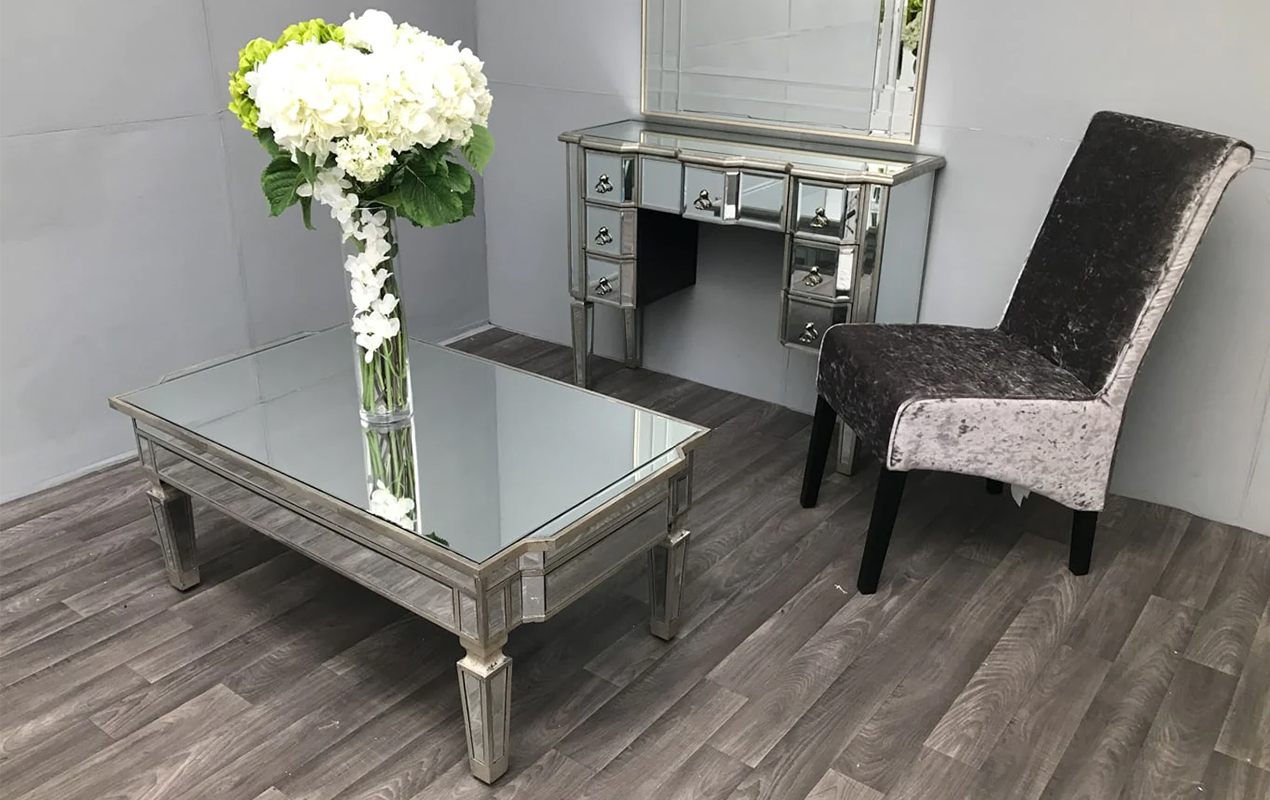 Home interior with antique mirror coffee table