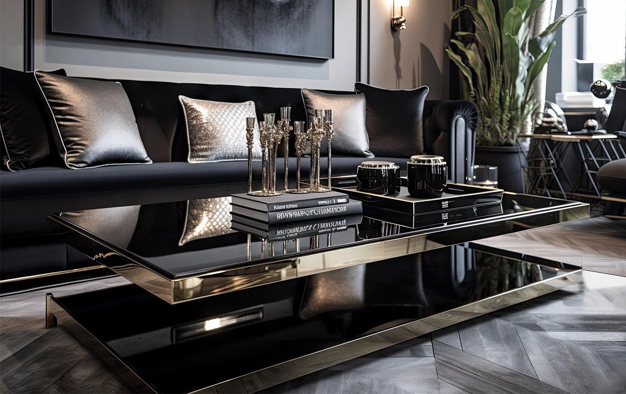 Luxury living space with black mirror coffee table
