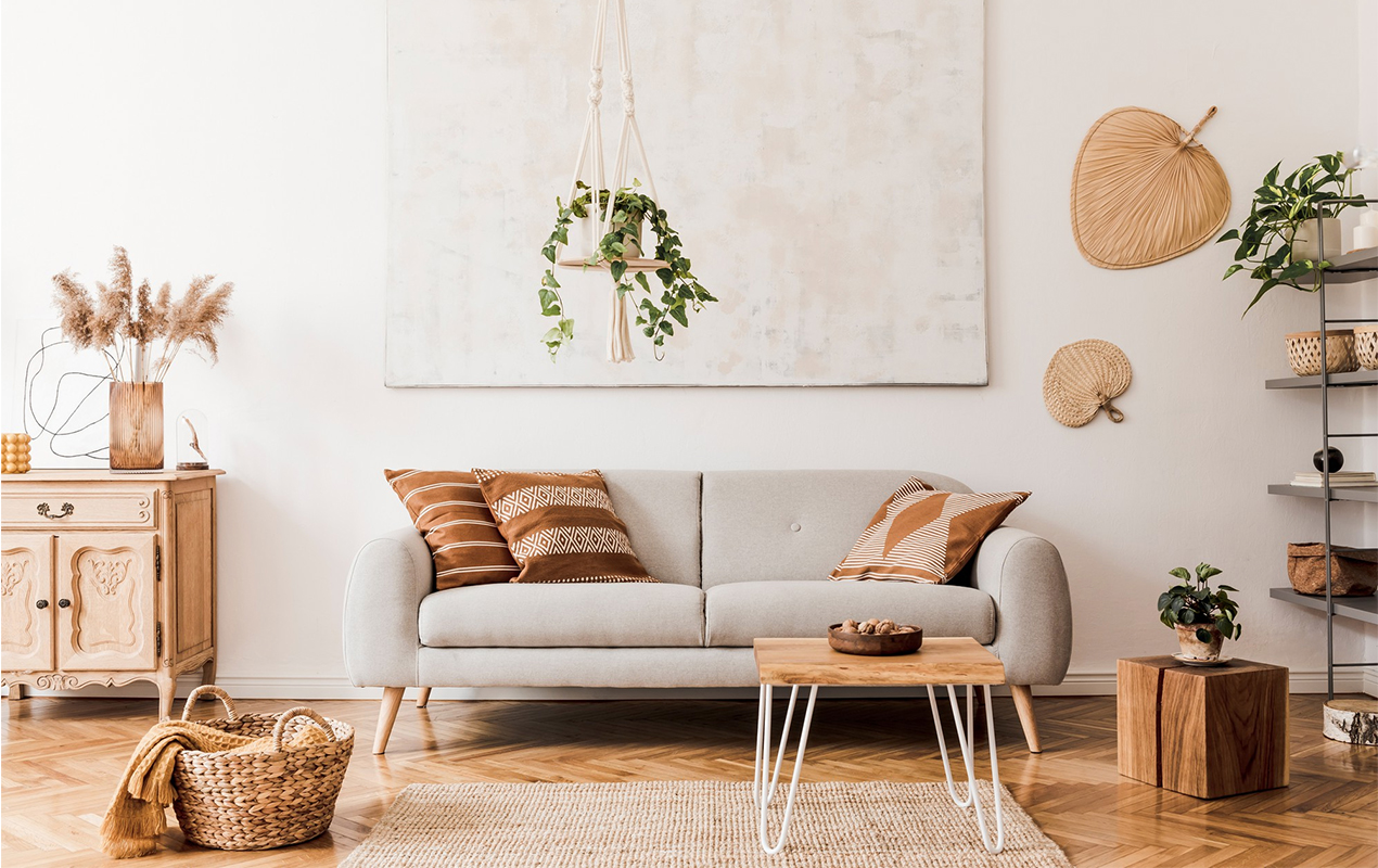 Boho living room with sofa and coffee table