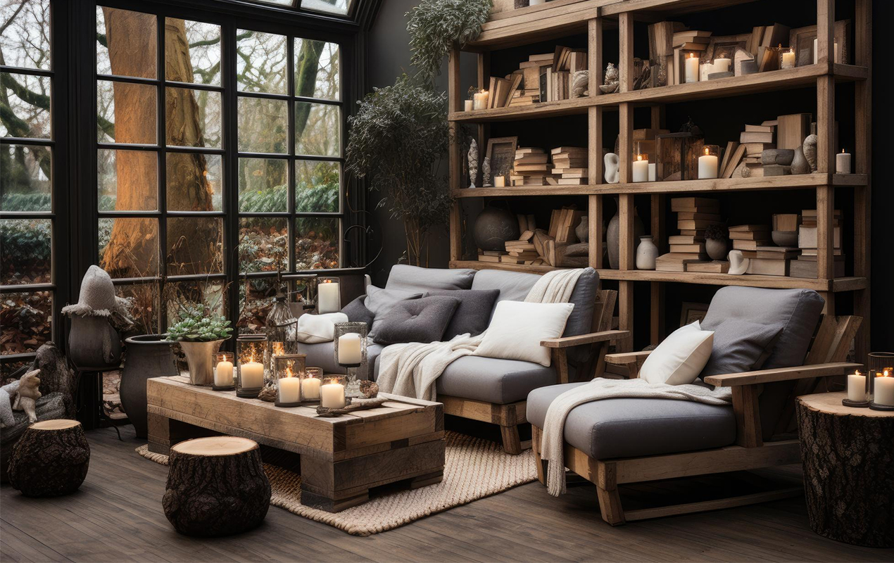 Wooden living room interior with table and candles