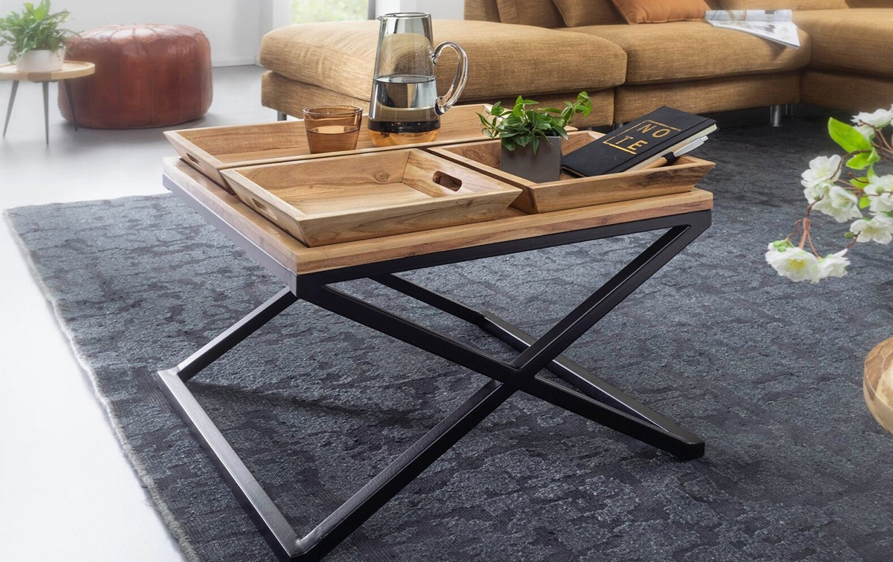 Elegance in Smallness Chic Wooden Table with Intricate Trays and Modern Metal Support