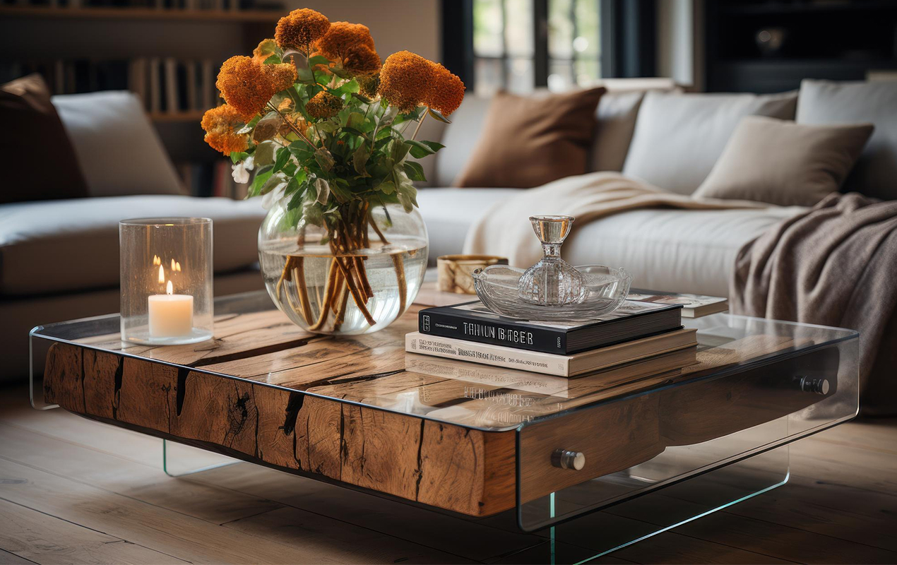 Enigmatic Contrast Tear Wood and Glass Butcher Block Coffee Table