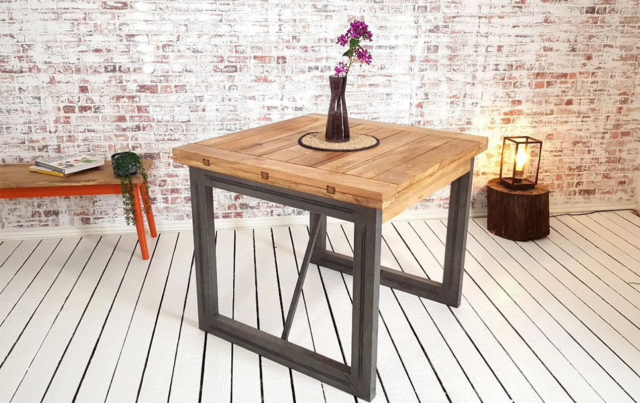 Folding Square Dining Table with Natural Wood Finish and Distressed Steel Legs