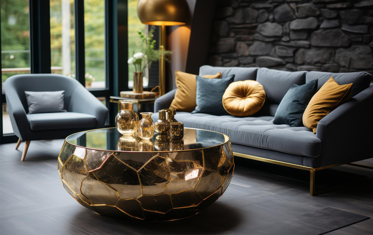 Gilded Opulence The Luxurious Round Coffee Table with Intricate Golden Geometric Embossing