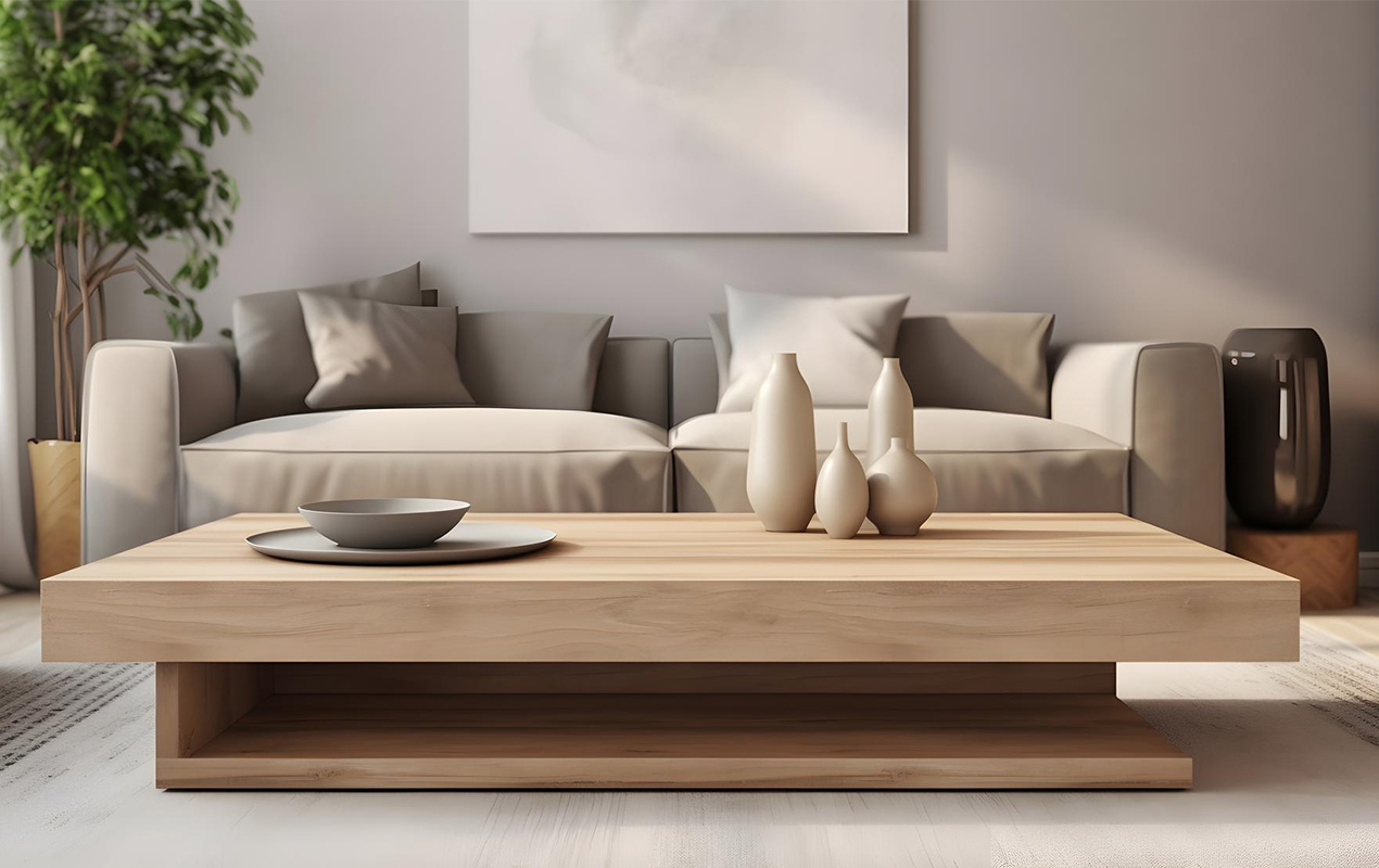 Living room with light wood table with butcher block tabletop