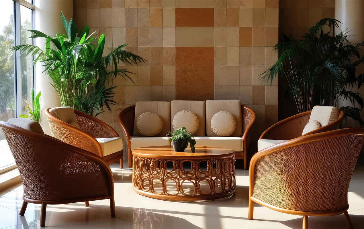 Radiance and Elegance A Round Wooden Coffee Table and Tiled Floor Transform the Room